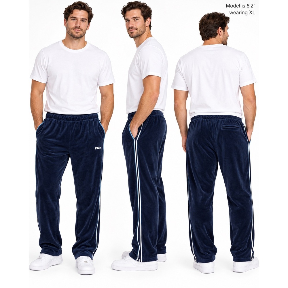 Fila Mens Velour Track Pants Navy Blue Side Stripe Zipper Hem XL SM43E905